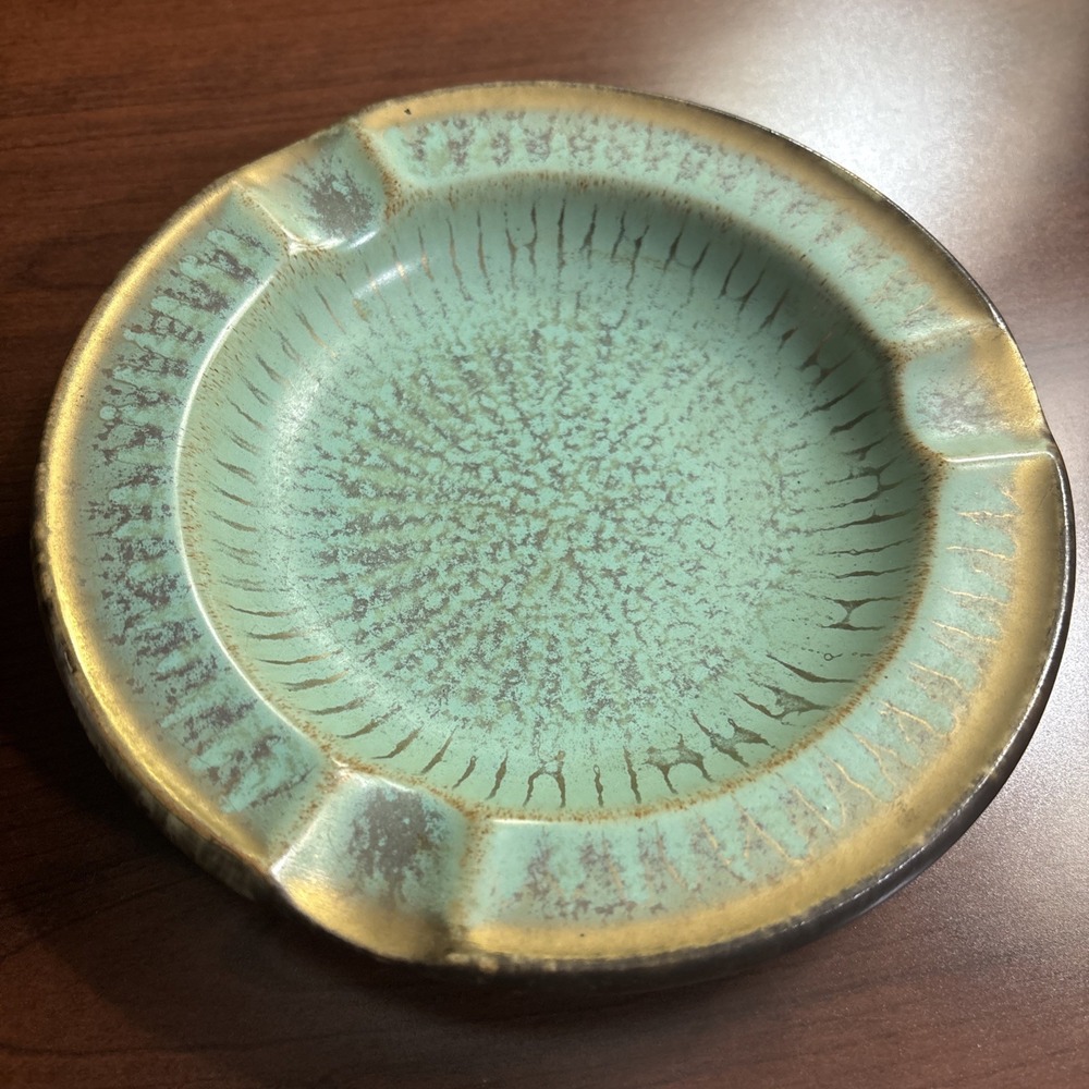 MCM Turquoise & Gold Glossy Ceramic Round Ashtray Art Pottery Pottery